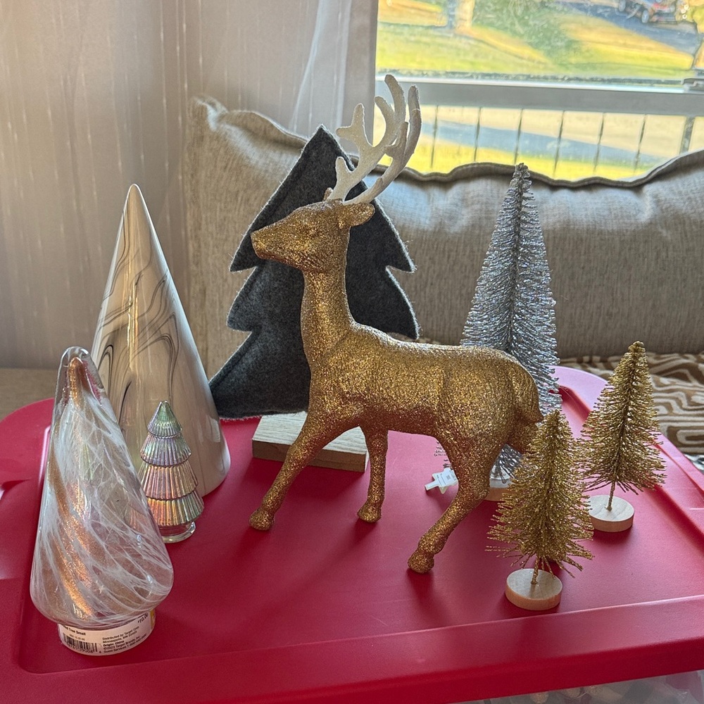 SOLD // Gold Glitter Reindeer and Glass Trees Holiday Decor